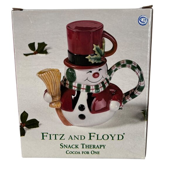 Fitz And Floyd Snack Therapy Snowman Teapot Cup Set Vintage Red Black with Box - Picture 11 of 14